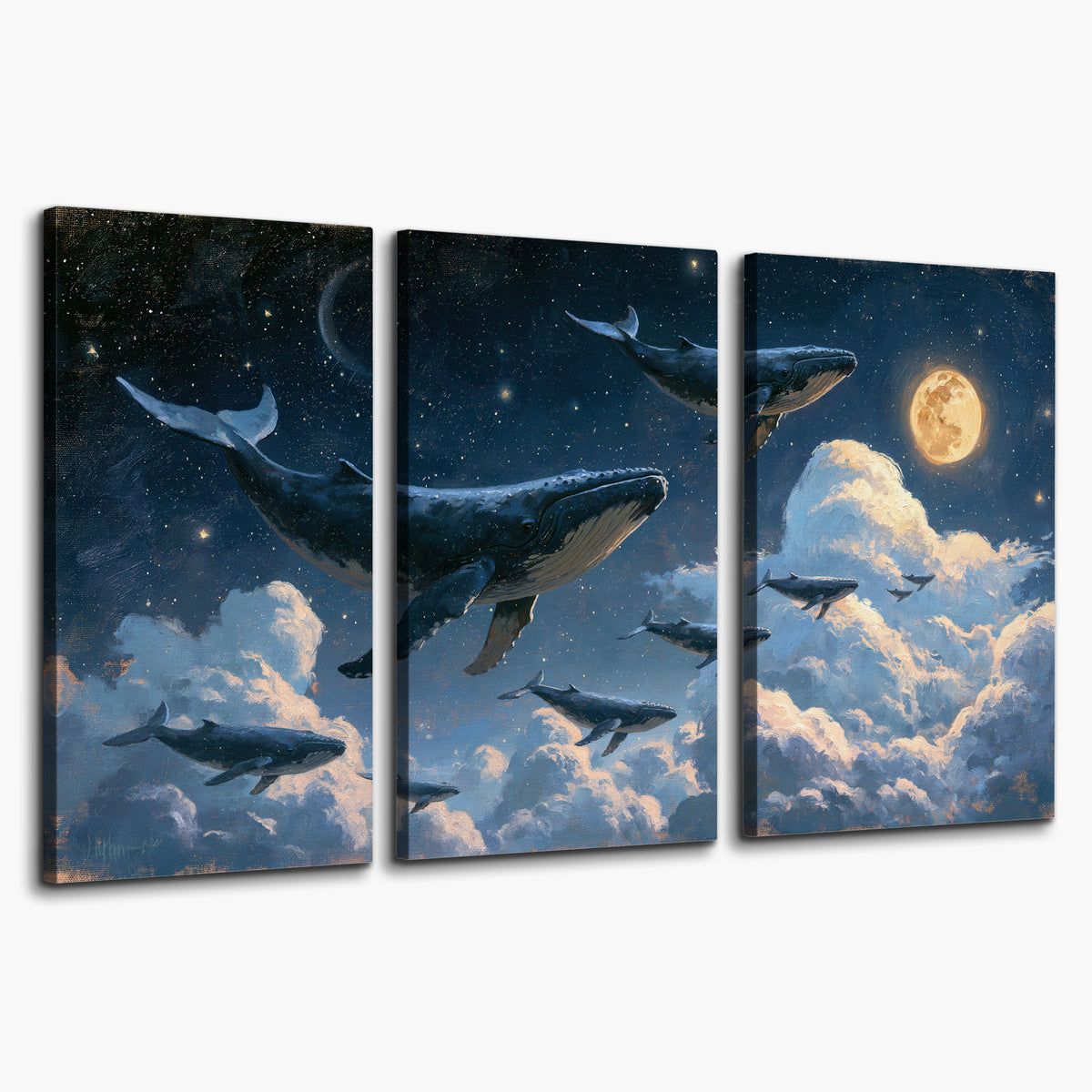 A group of whales floating among clouds beneath a golden moon in a deep blue night sky 3 piece canvas wall art on a white background