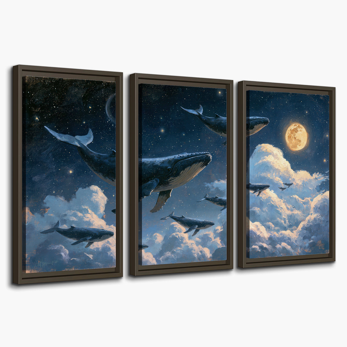 A group of whales floating among clouds beneath a golden moon in a deep blue night sky 3 piece framed canvas wall art on a white background