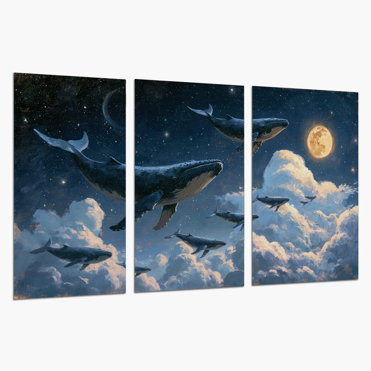 A group of whales floating among clouds beneath a golden moon in a deep blue night sky set of 3 poster prints on a white background