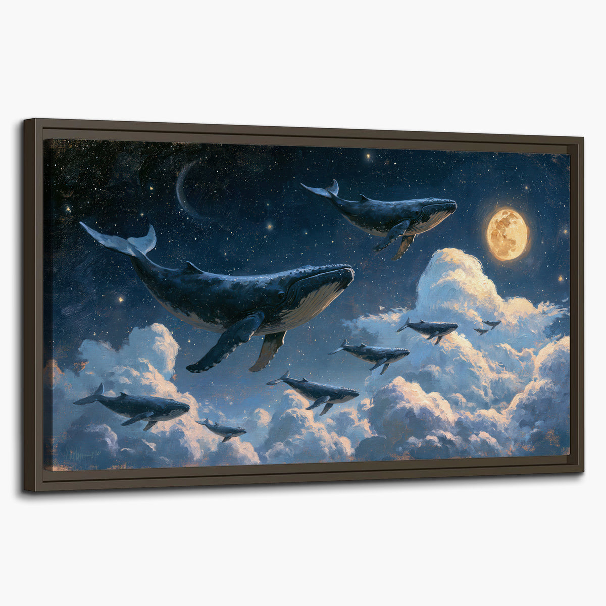 A group of whales floating among clouds beneath a golden moon in a deep blue night sky single framed canvas wall art on a white background