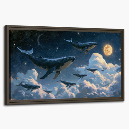 A group of whales floating among clouds beneath a golden moon in a deep blue night sky single framed canvas wall art on a white background