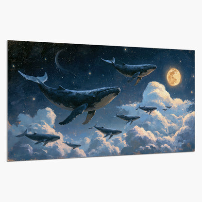 A group of whales floating among clouds beneath a golden moon in a deep blue night sky single poster print on a white background