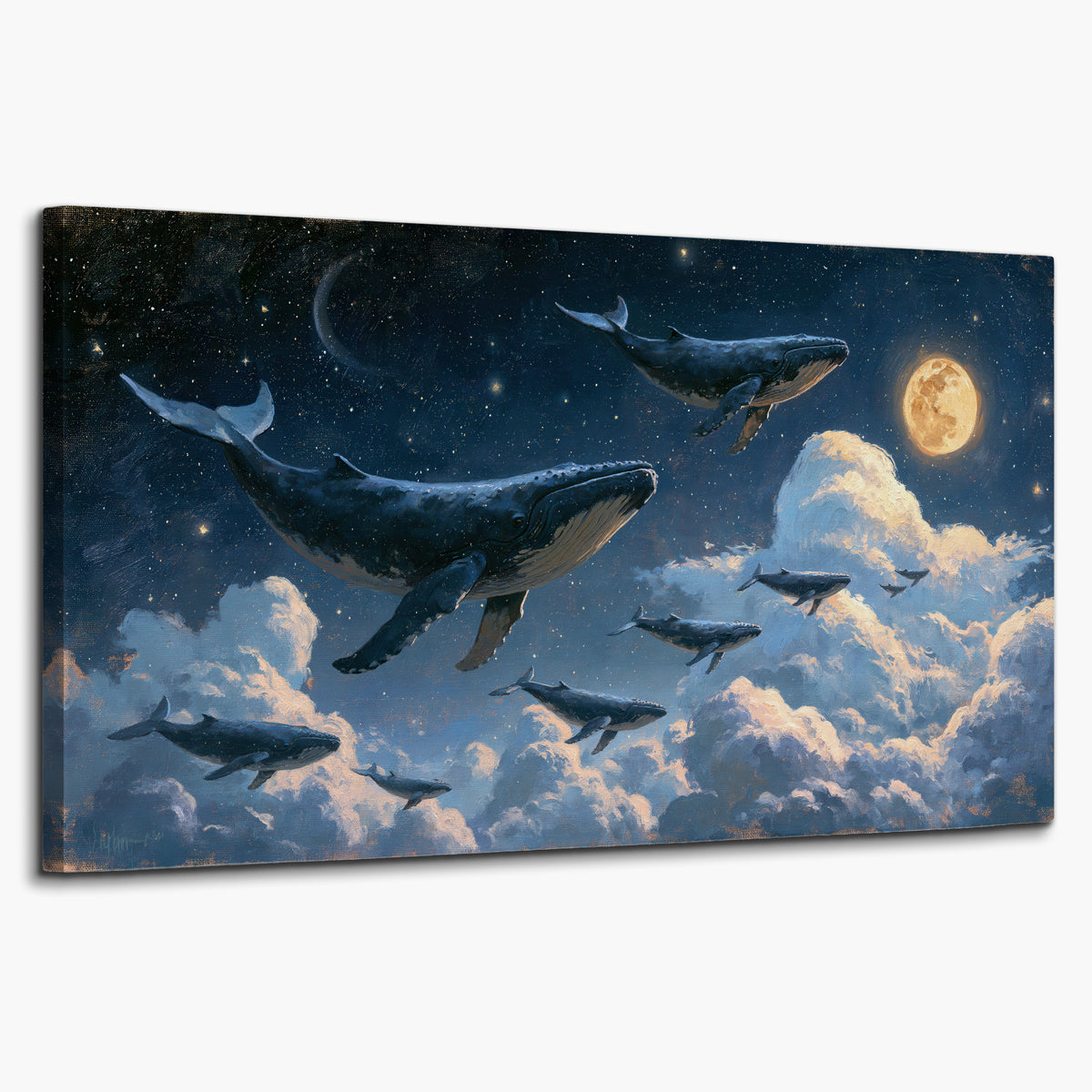A group of whales floating among clouds beneath a golden moon in a deep blue night sky single canvas wall art on a white background