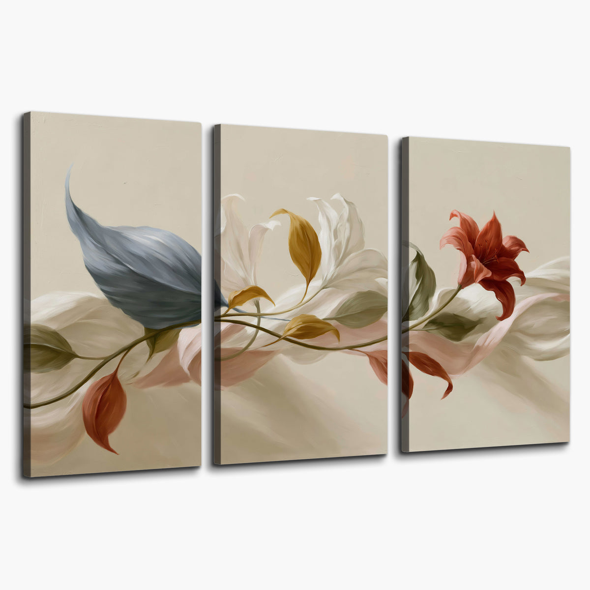 Ivory calla-like flowers and muted red accents curling across a cream background 3 piece canvas wall art on a white background