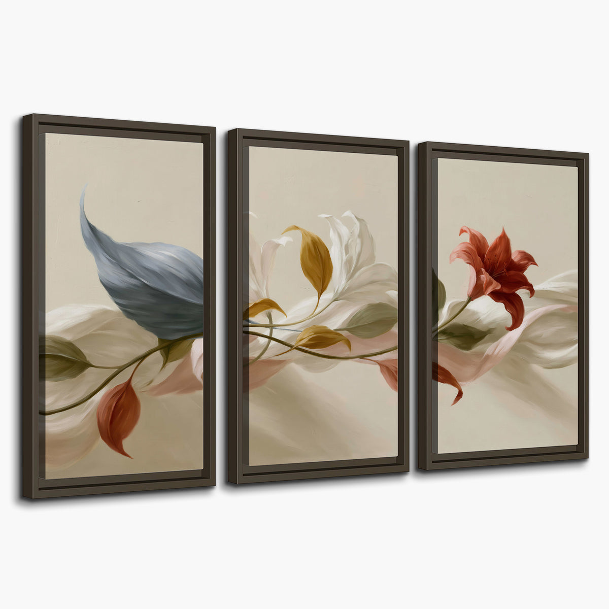 Ivory calla-like flowers and muted red accents curling across a cream background 3 piece framed canvas wall art on a white background