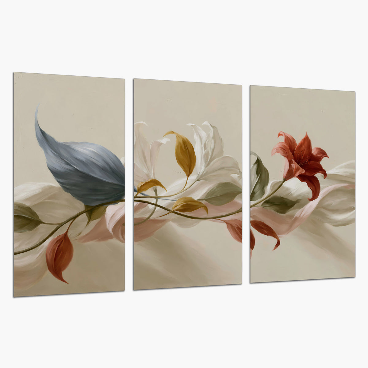 Ivory calla-like flowers and muted red accents curling across a cream background set of 3 poster prints on a white background