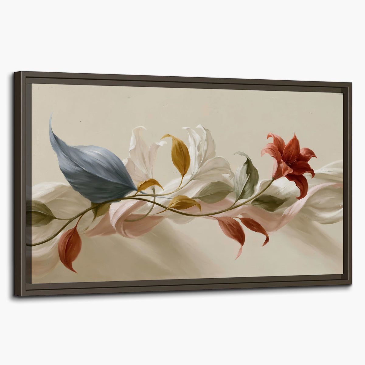 Ivory calla-like flowers and muted red accents curling across a cream background single framed canvas wall art on a white background
