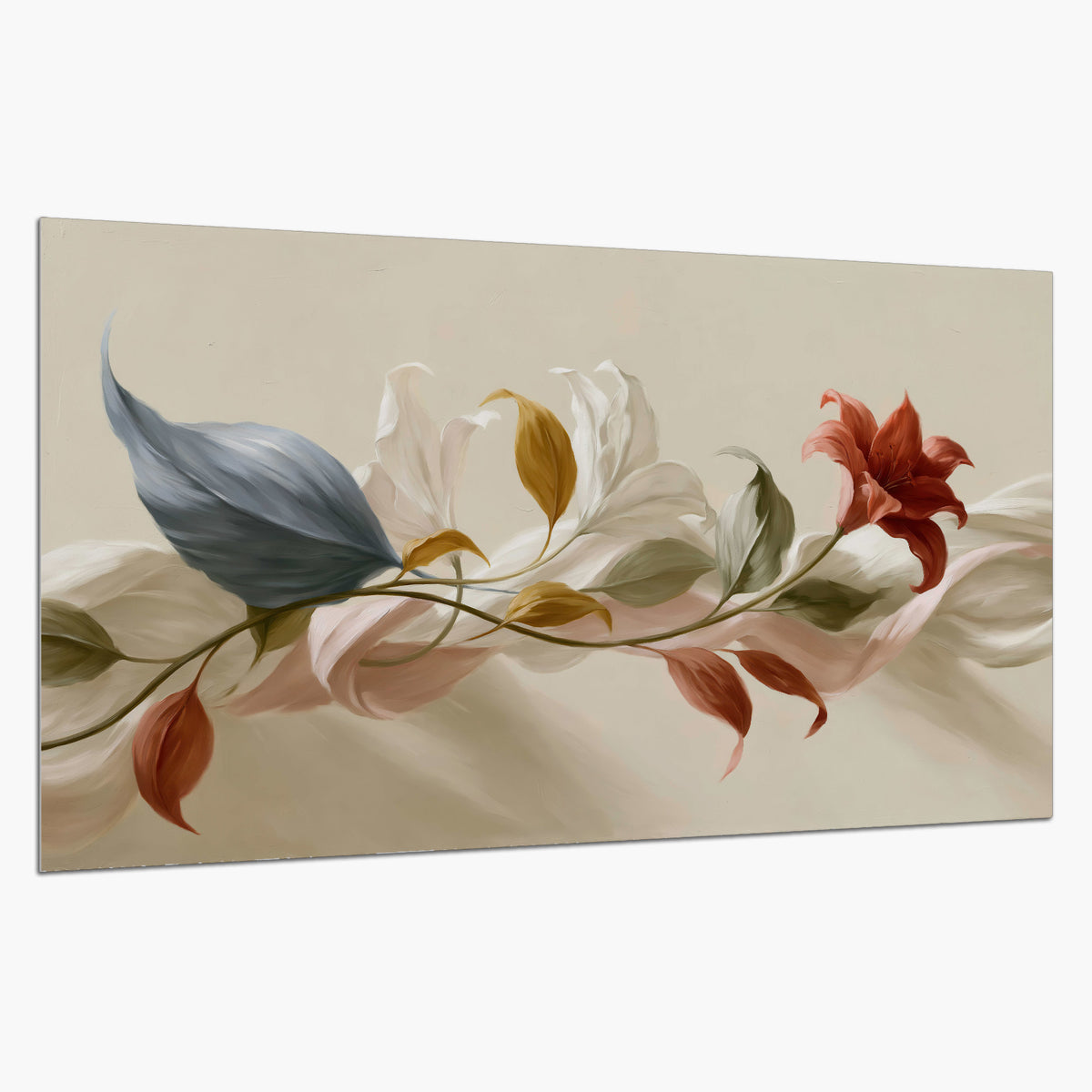 Ivory calla-like flowers and muted red accents curling across a cream background single poster print on a white background