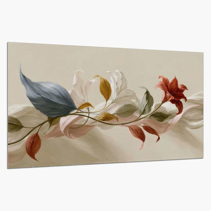 Ivory calla-like flowers and muted red accents curling across a cream background single poster print on a white background