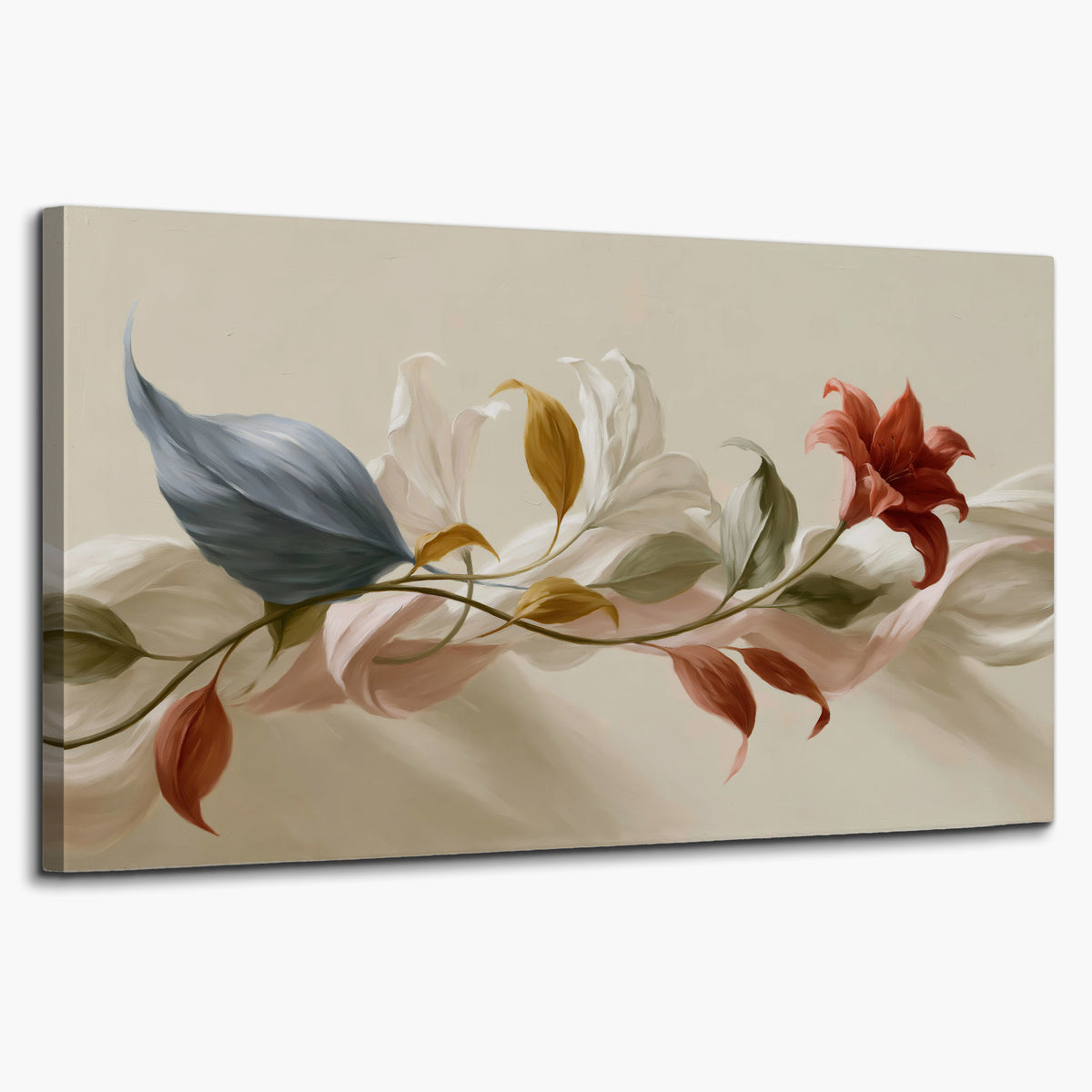 Ivory calla-like flowers and muted red accents curling across a cream background single canvas wall art on a white background