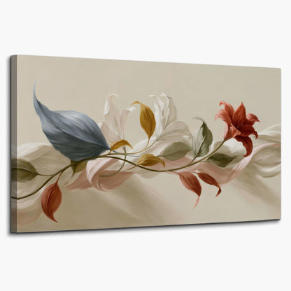 Ivory calla-like flowers and muted red accents curling across a cream background single canvas wall art on a white background