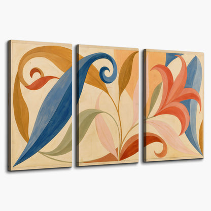 Bold blue, coral and golden leaf-like shapes flowing across a cream ground 3 piece canvas wall art on a white background