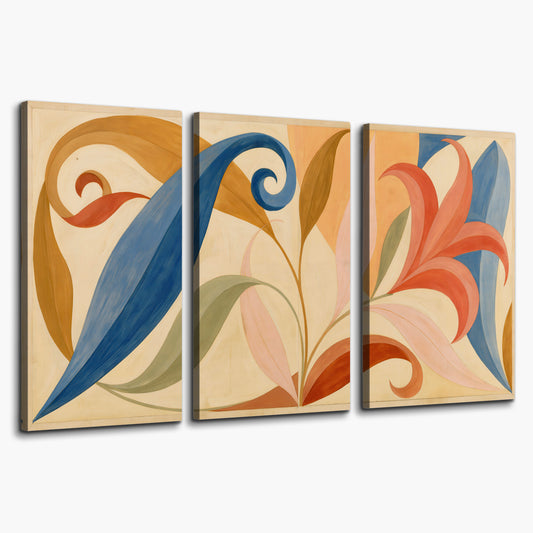 Bold blue, coral and golden leaf-like shapes flowing across a cream ground 3 piece canvas wall art on a white background
