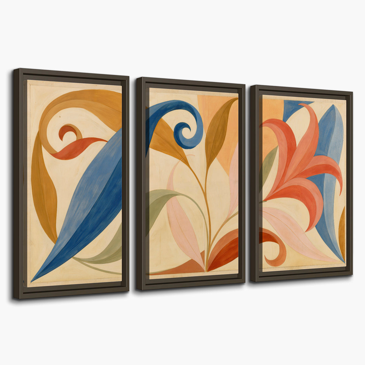 Bold blue, coral and golden leaf-like shapes flowing across a cream ground 3 piece framed canvas wall art on a white background
