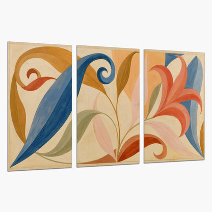 Bold blue, coral and golden leaf-like shapes flowing across a cream ground set of 3 poster prints on a white background