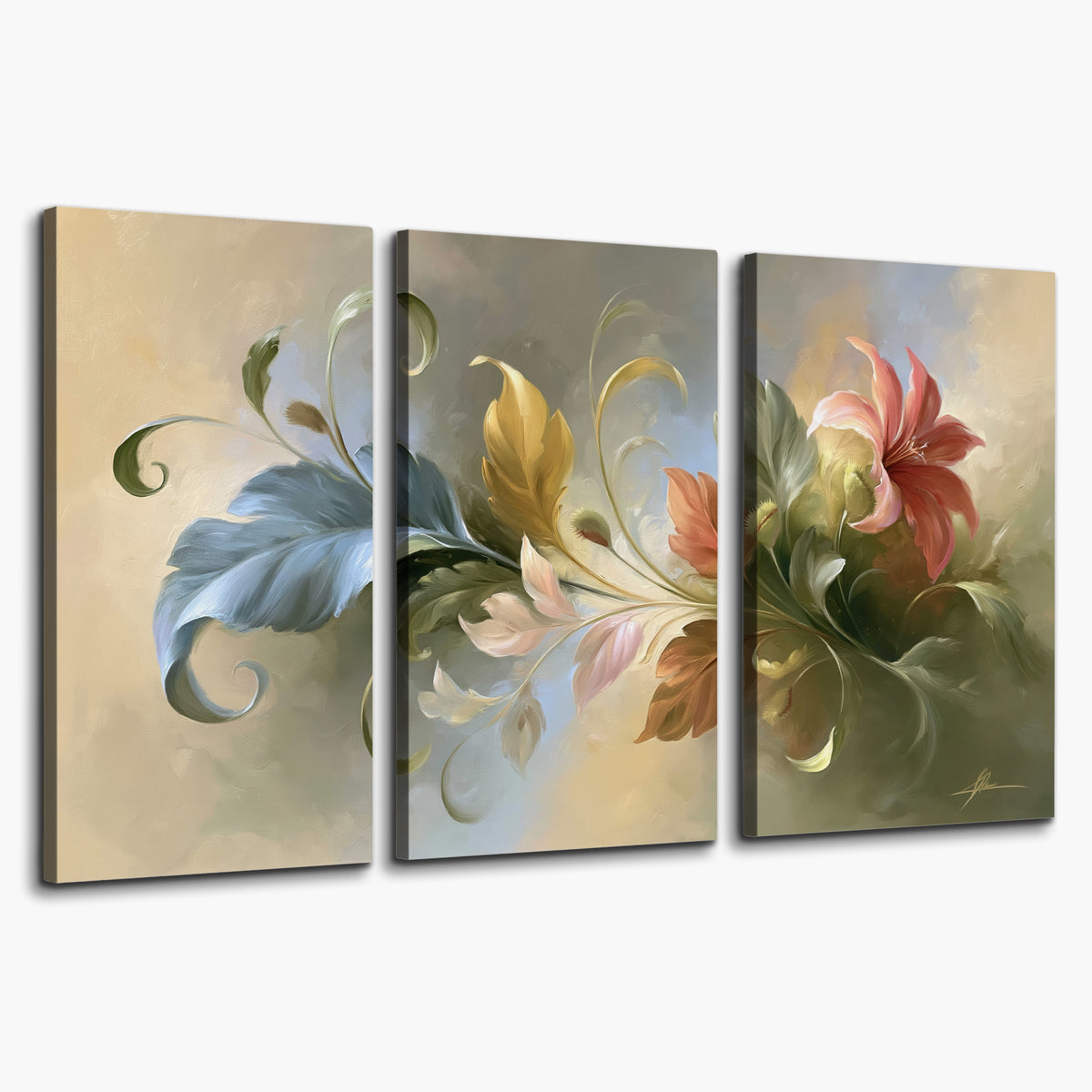 Curving blue, cream and warm red lily-like flowers on a softly shaded background 3 piece canvas wall art on a white background