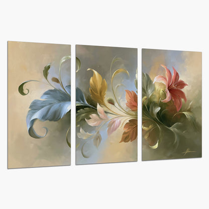 Curving blue, cream and warm red lily-like flowers on a softly shaded background set of 3 poster prints on a white background