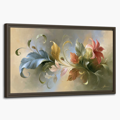 Curving blue, cream and warm red lily-like flowers on a softly shaded background single framed canvas wall art on a white background