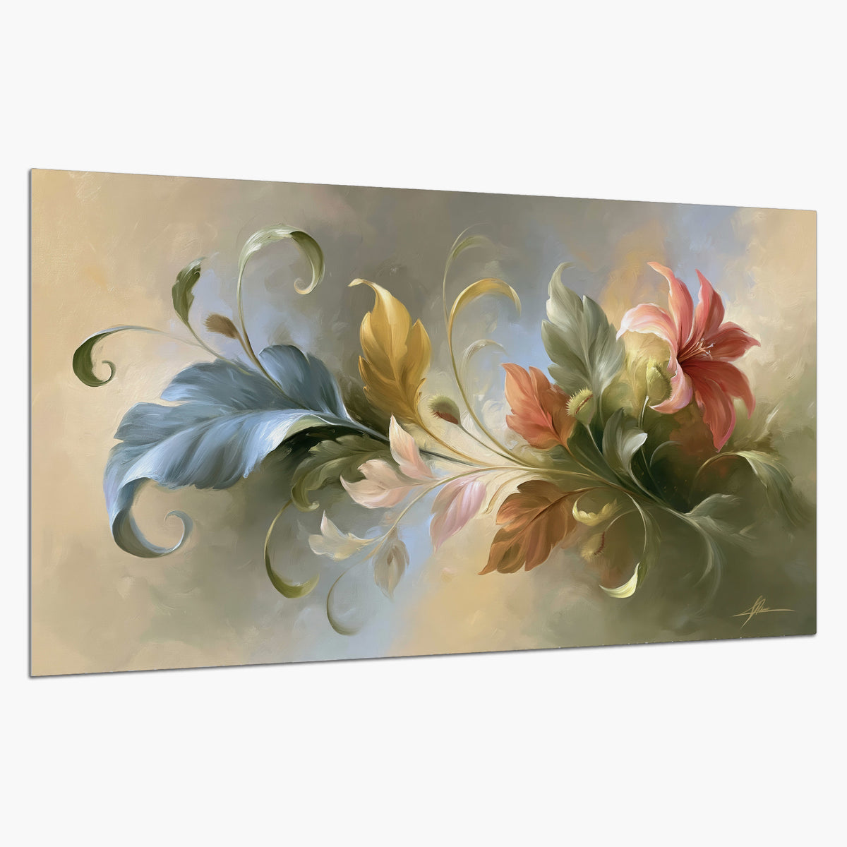 Curving blue, cream and warm red lily-like flowers on a softly shaded background single poster print on a white background