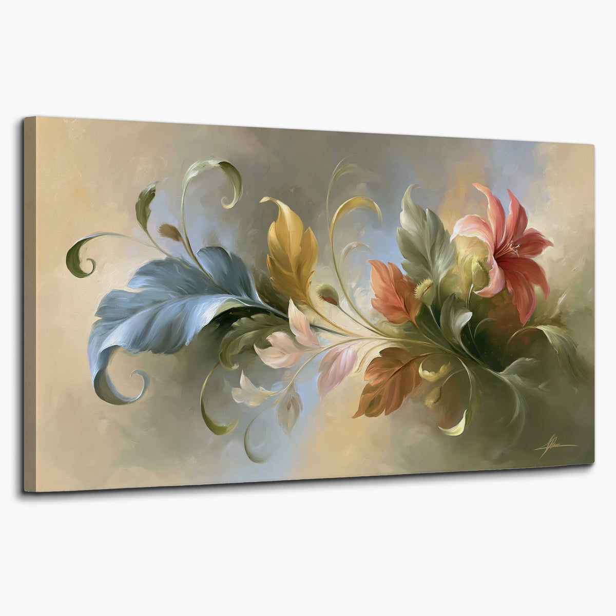 Curving blue, cream and warm red lily-like flowers on a softly shaded background single canvas wall art on a white background