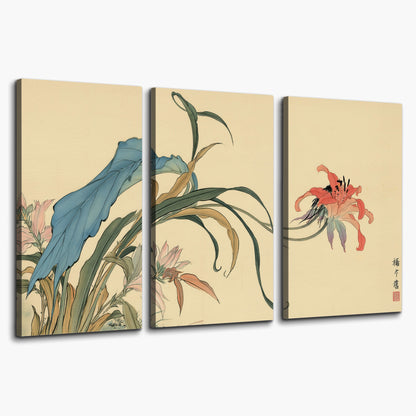 A delicate red flower and long blue-green leaves on a warm cream ground 3 piece canvas wall art on a white background