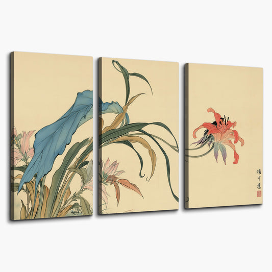 A delicate red flower and long blue-green leaves on a warm cream ground 3 piece canvas wall art on a white background