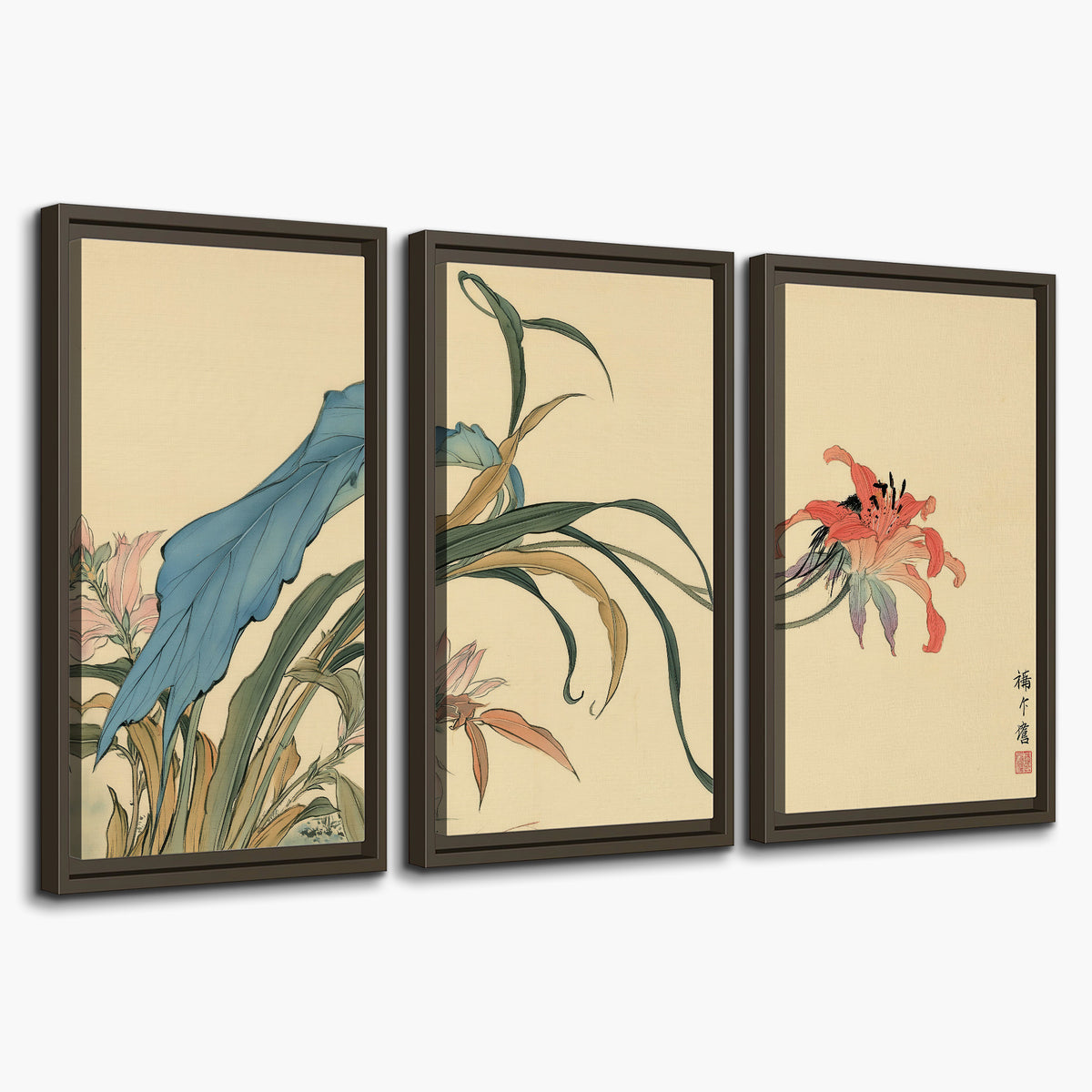 A delicate red flower and long blue-green leaves on a warm cream ground 3 piece framed canvas wall art on a white background