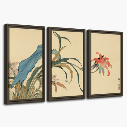 A delicate red flower and long blue-green leaves on a warm cream ground 3 piece framed canvas wall art on a white background
