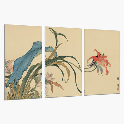 A delicate red flower and long blue-green leaves on a warm cream ground set of 3 poster prints on a white background