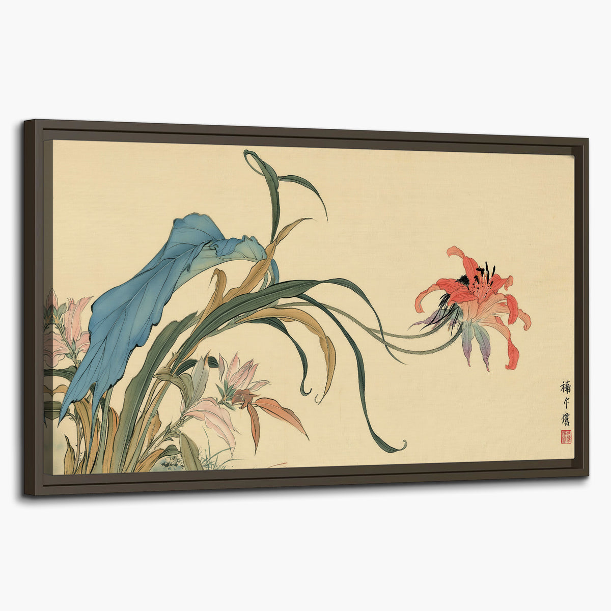 A delicate red flower and long blue-green leaves on a warm cream ground single framed canvas wall art on a white background