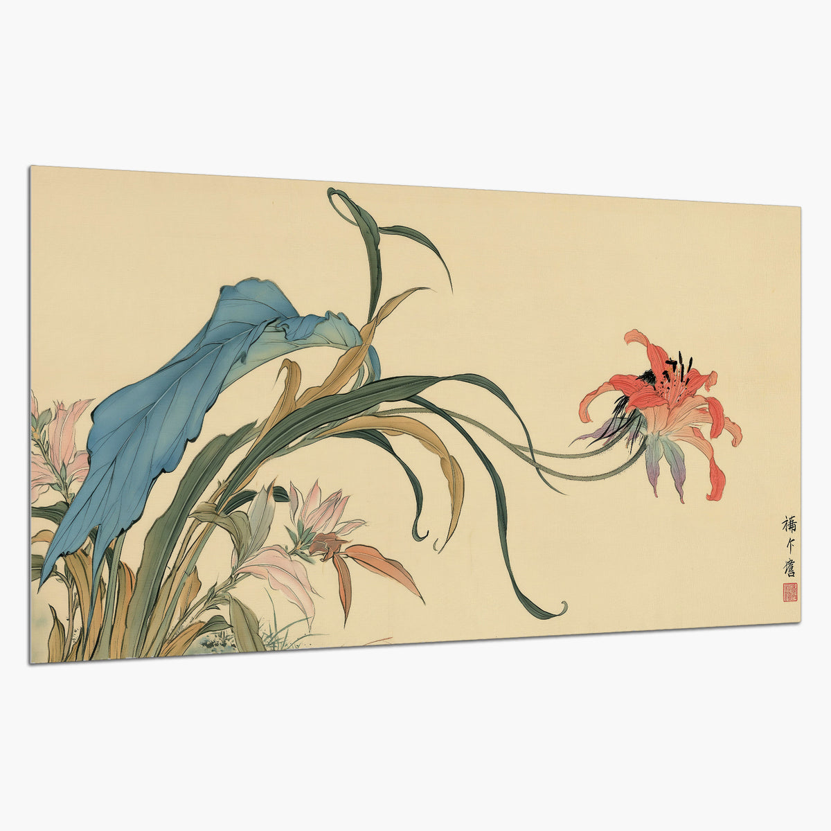 A delicate red flower and long blue-green leaves on a warm cream ground single poster print on a white background