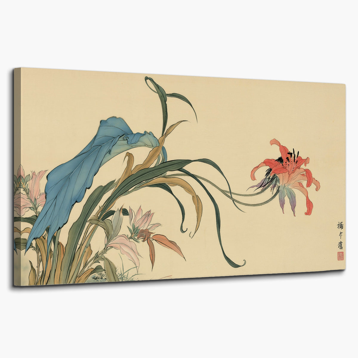 A delicate red flower and long blue-green leaves on a warm cream ground single canvas wall art on a white background