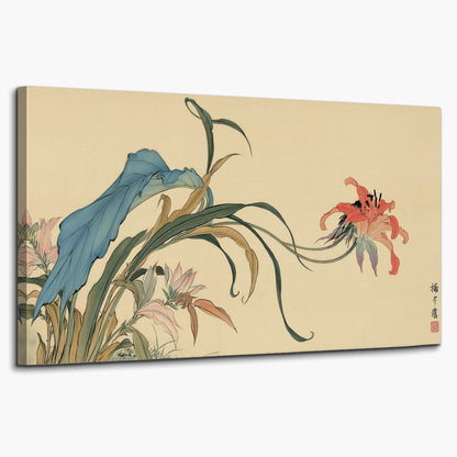 A delicate red flower and long blue-green leaves on a warm cream ground single canvas wall art on a white background
