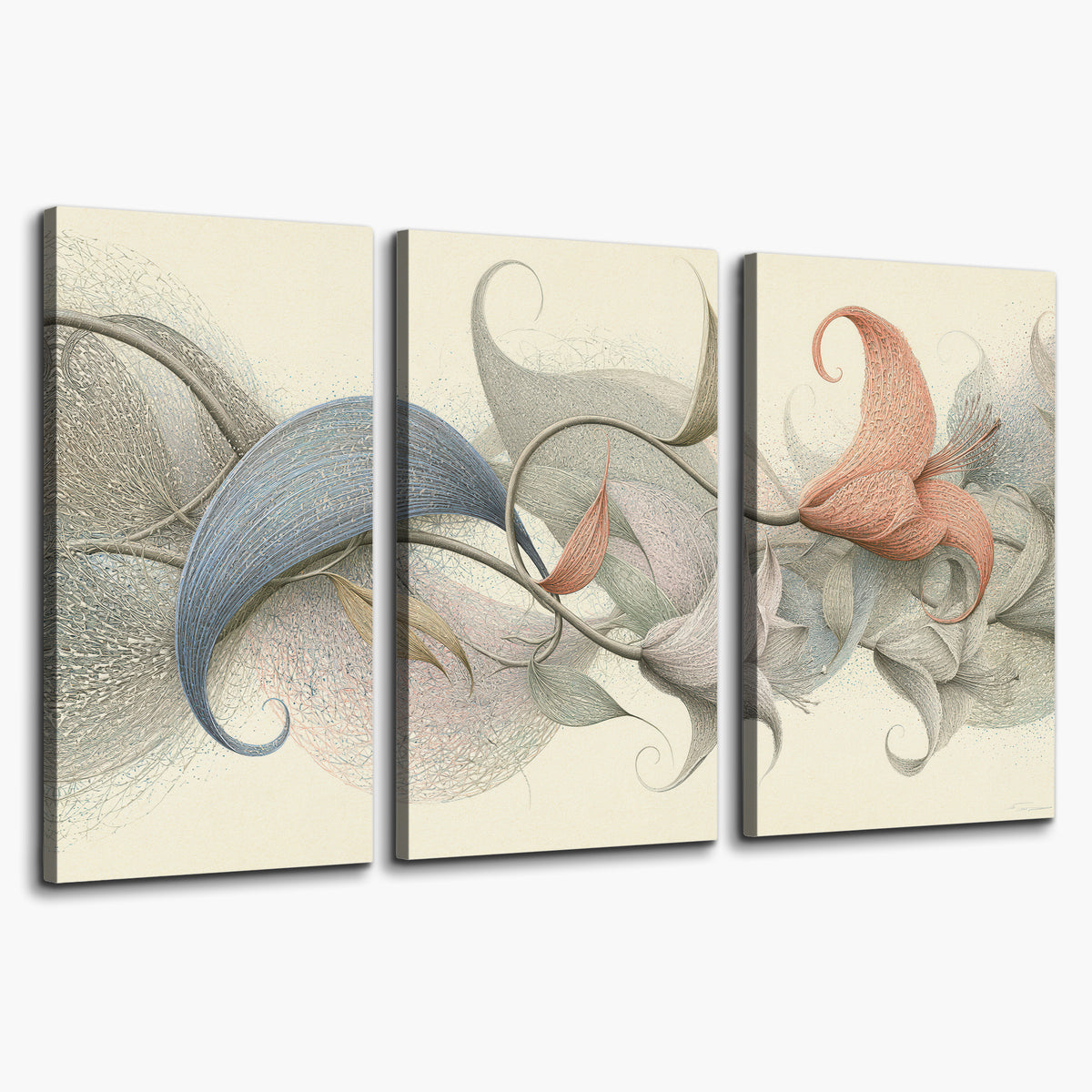 Soft gray, pink and green leaf-like forms joined by delicate flowing lines 3 piece canvas wall art on a white background