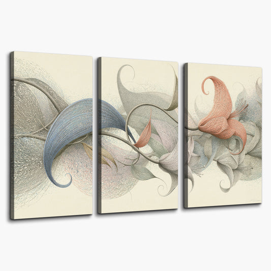 Soft gray, pink and green leaf-like forms joined by delicate flowing lines 3 piece canvas wall art on a white background