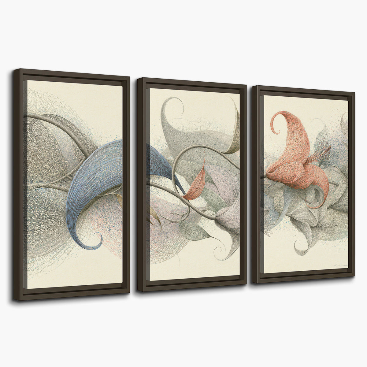 Soft gray, pink and green leaf-like forms joined by delicate flowing lines 3 piece framed canvas wall art on a white background
