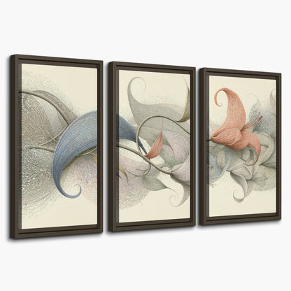 Soft gray, pink and green leaf-like forms joined by delicate flowing lines 3 piece framed canvas wall art on a white background