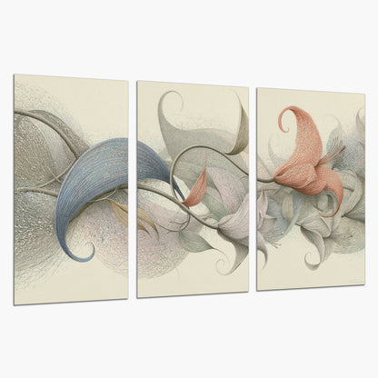 Soft gray, pink and green leaf-like forms joined by delicate flowing lines set of 3 poster prints on a white background