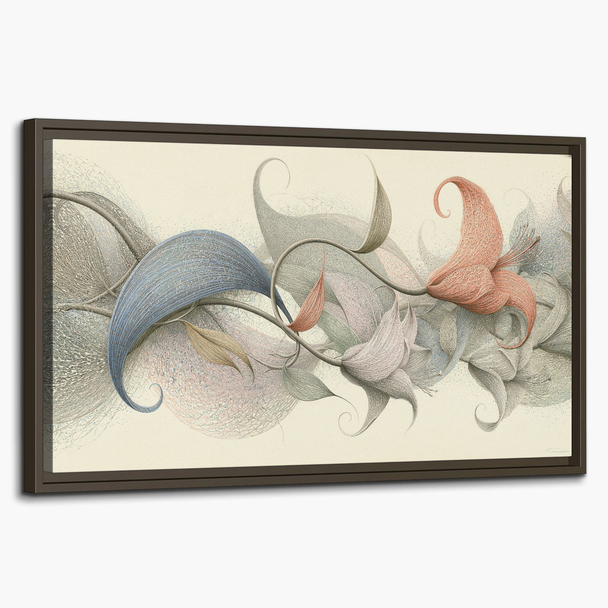 Soft gray, pink and green leaf-like forms joined by delicate flowing lines single framed canvas wall art on a white background