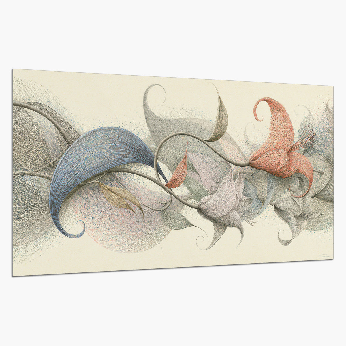 Soft gray, pink and green leaf-like forms joined by delicate flowing lines single poster print on a white background