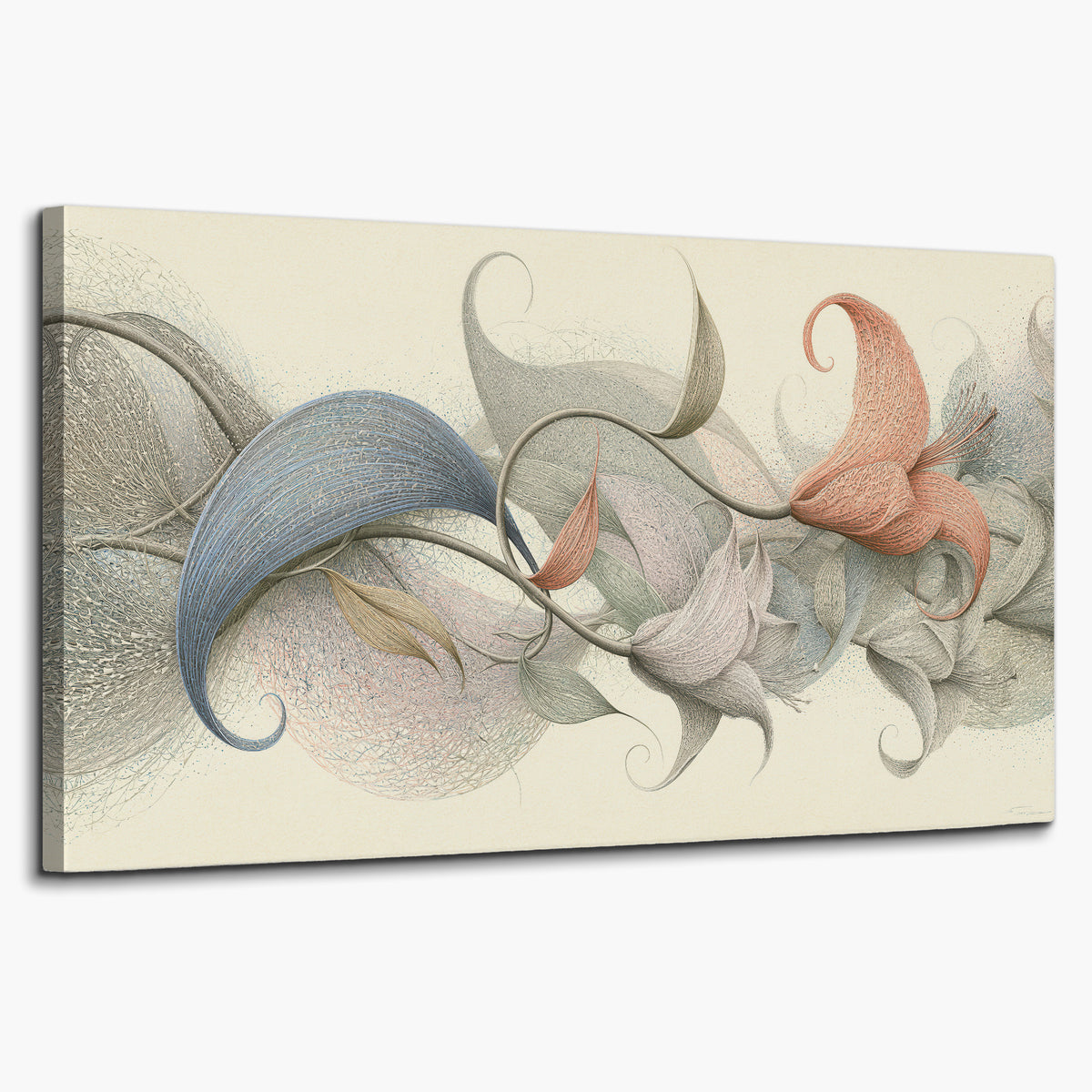 Soft gray, pink and green leaf-like forms joined by delicate flowing lines single canvas wall art on a white background
