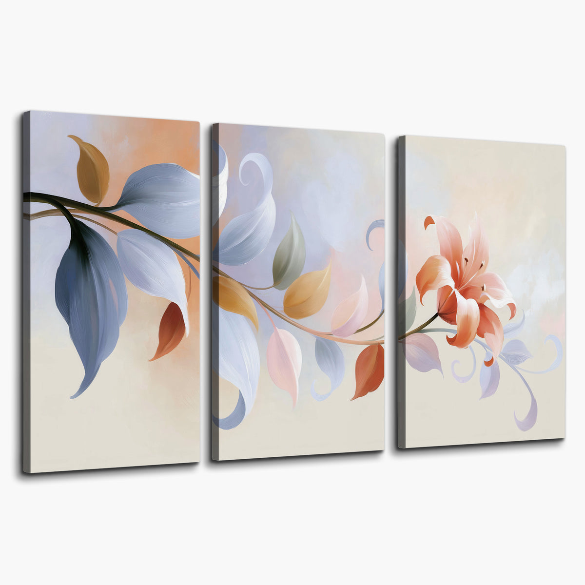 Peach blossoms and blue-green leaves in an airy cream-colored composition 3 piece canvas wall art on a white background
