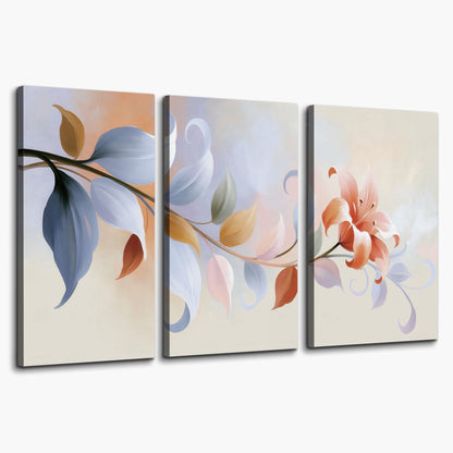 Peach blossoms and blue-green leaves in an airy cream-colored composition 3 piece canvas wall art on a white background