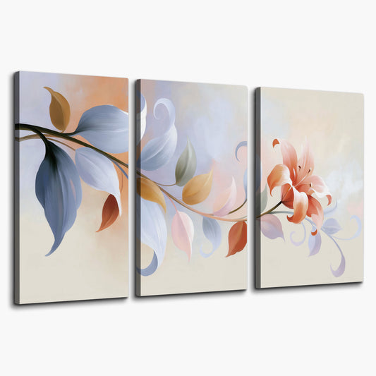 Peach blossoms and blue-green leaves in an airy cream-colored composition 3 piece canvas wall art on a white background