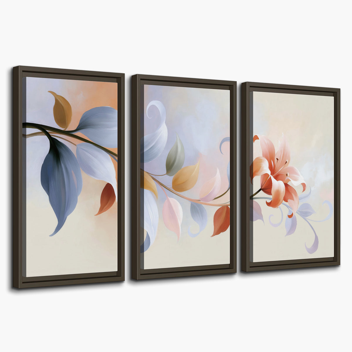 Peach blossoms and blue-green leaves in an airy cream-colored composition 3 piece framed canvas wall art on a white background
