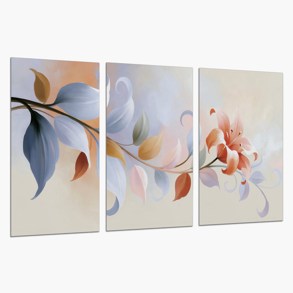 Peach blossoms and blue-green leaves in an airy cream-colored composition set of 3 poster prints on a white background