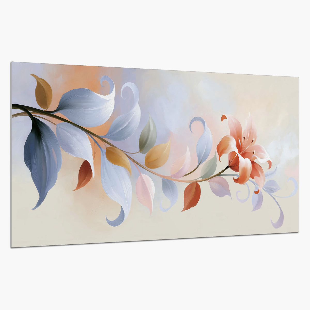Peach blossoms and blue-green leaves in an airy cream-colored composition single poster print on a white background