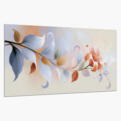 Peach blossoms and blue-green leaves in an airy cream-colored composition single poster print on a white background
