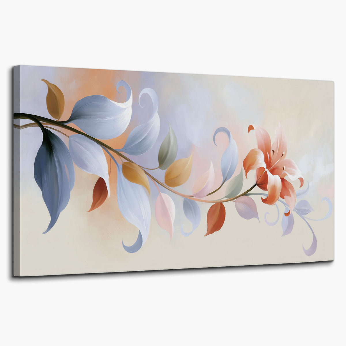 Peach blossoms and blue-green leaves in an airy cream-colored composition single canvas wall art on a white background