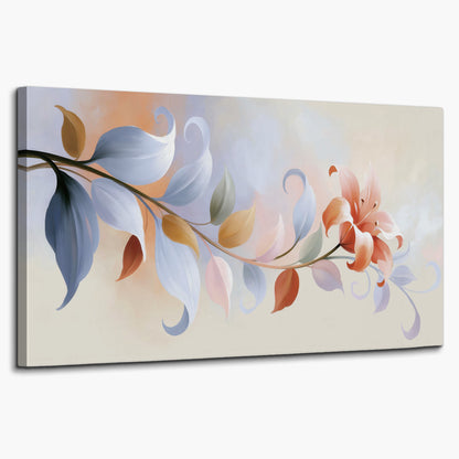 Peach blossoms and blue-green leaves in an airy cream-colored composition single canvas wall art on a white background